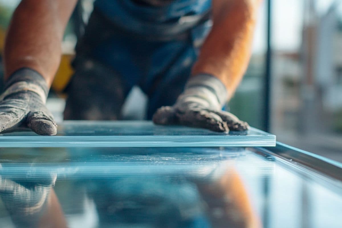Twee glaszetters werken samen aan een kozijn